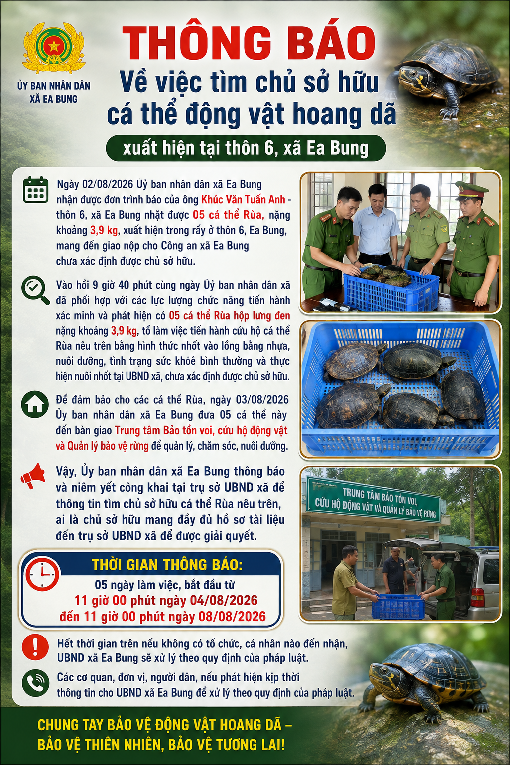 UBND xã Ea Bung thông báo về tìm chủ sở hữu cá thể động vật hoang dã